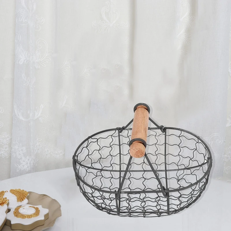 Wooden Handle Metal Retro Basket Portable Multi-Function Vegetable Fruit Egg Groceries Practical Storage Basket Organizer Retail - Image 4