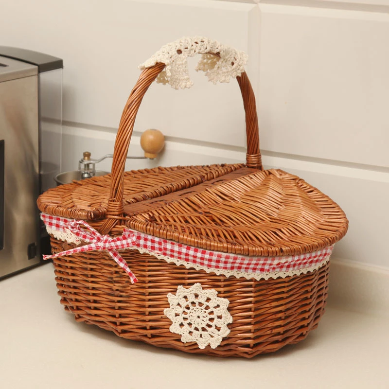 Handmade Wicker Basket with Handle Wicker Outdoor Camping Picnic Basket Food Fruit Rattan Storage Basket Tableware Supplies Bag - Image 10