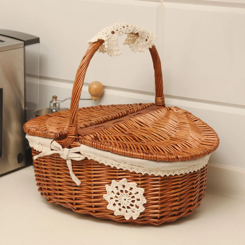 Handmade Wicker Basket with Handle Wicker Outdoor Camping Picnic Basket Food Fruit Rattan Storage Basket Tableware Supplies Bag - Image 8