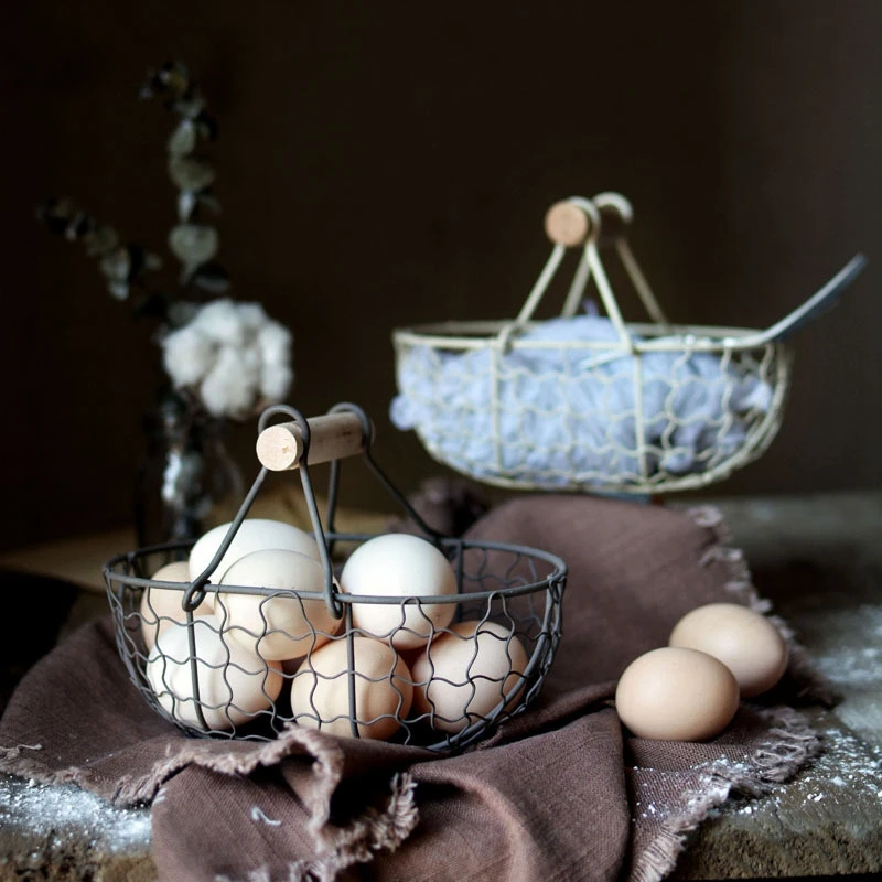 Wooden Handle Metal Retro Basket Portable Multi-Function Vegetable Fruit Egg Groceries Practical Storage Basket Organizer Retail - Image 15