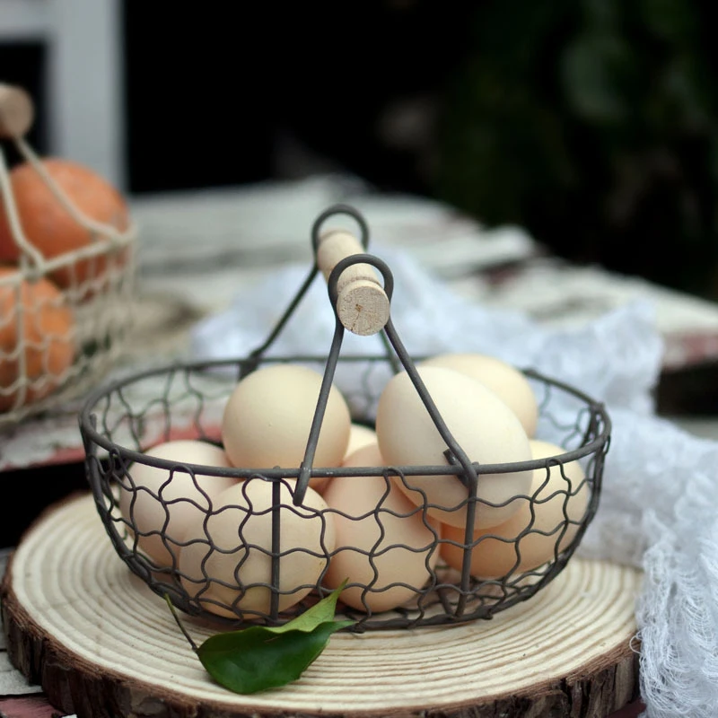 Wooden Handle Metal Retro Basket Portable Multi-Function Vegetable Fruit Egg Groceries Practical Storage Basket Organizer Retail - Image 12