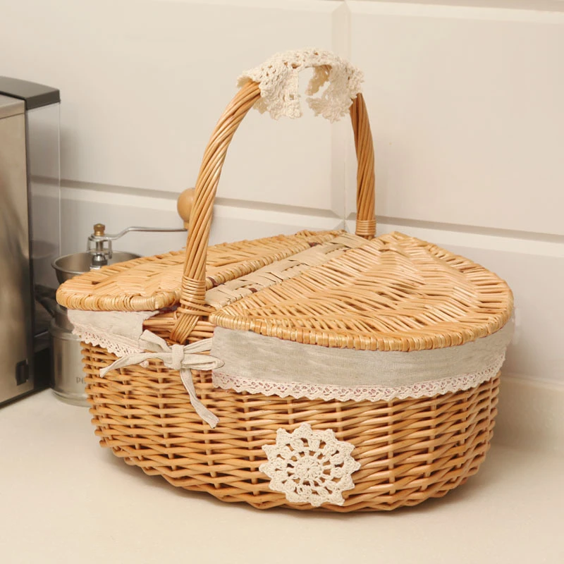 Handmade Wicker Basket with Handle Wicker Outdoor Camping Picnic Basket Food Fruit Rattan Storage Basket Tableware Supplies Bag - Image 9