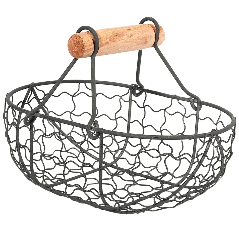 Wooden Handle Metal Retro Basket Portable Multi-Function Vegetable Fruit Egg Groceries Practical Storage Basket Organizer Retail - Image 2
