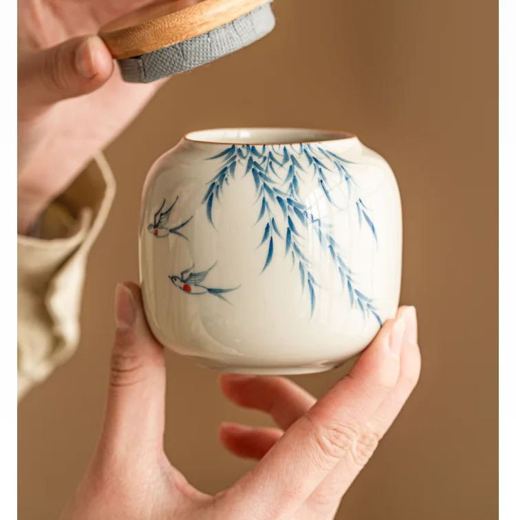 Warm Warbler, New Willow Grass Wood Grey Tea Sealed Ceramic Can High End Portable Small Moisture Proof Mini Storage Can - Image 19