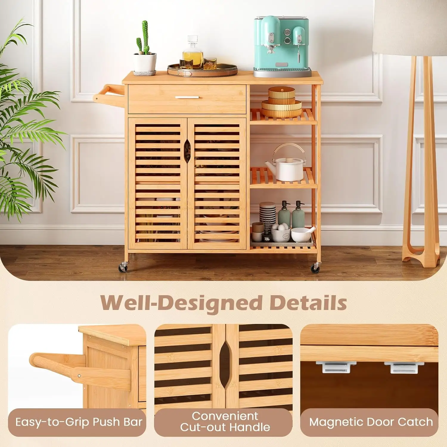 Bamboo Kitchen Island Cart Rolling Butcher Block Drawer Cabinet 3-Tier Shelves Towel Rack Wheels Storage Dining Room, Custom - Image 13