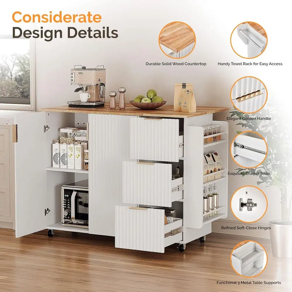 White Rolling Kitchen Island with Storage, 2 Drawers & 4 Doors, Adjustable Shelves - Image 11