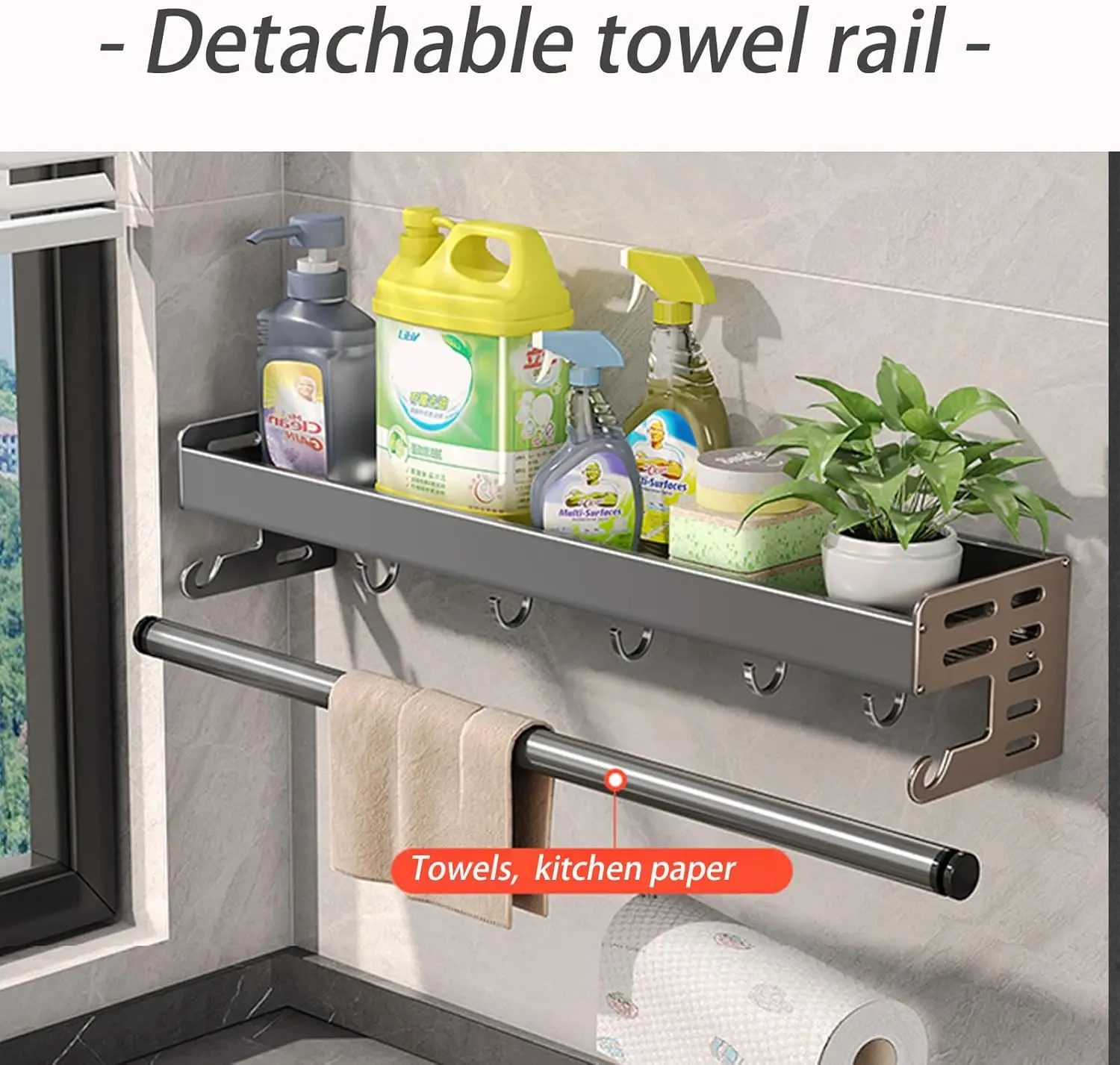 Wall Mount Utensil Holder Multifunctional Spice Organizer Shelf with Hooks Kitchen Hanging Storage Wall Shelf - Image 5