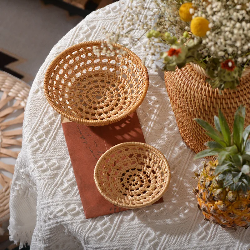 Minimalist Handwoven Rattan Baskets,Round Hollow Storage Trays for Fruit, Vegetables, Snacks, Decorative Wicker Basket for Home - Image 4