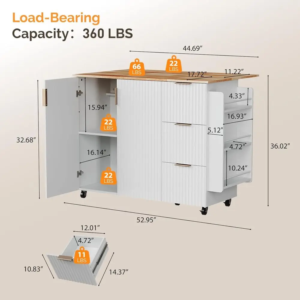 White Rolling Kitchen Island with Storage, 2 Drawers & 4 Doors, Adjustable Shelves - Image 3