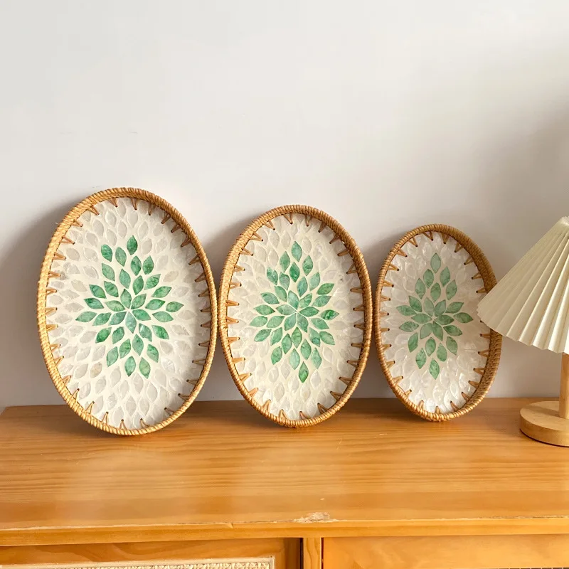 Handwoven Rattan Oval Tray with Shell Mosaic Inlay, Decorative Serving Tray for Coffee, Tea, Snacks, Bathroom Vanity Organizer - Image 2