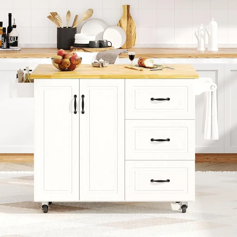 White Rolling Kitchen Island with Storage, Spice Rack, and Towel Bar - Image 14