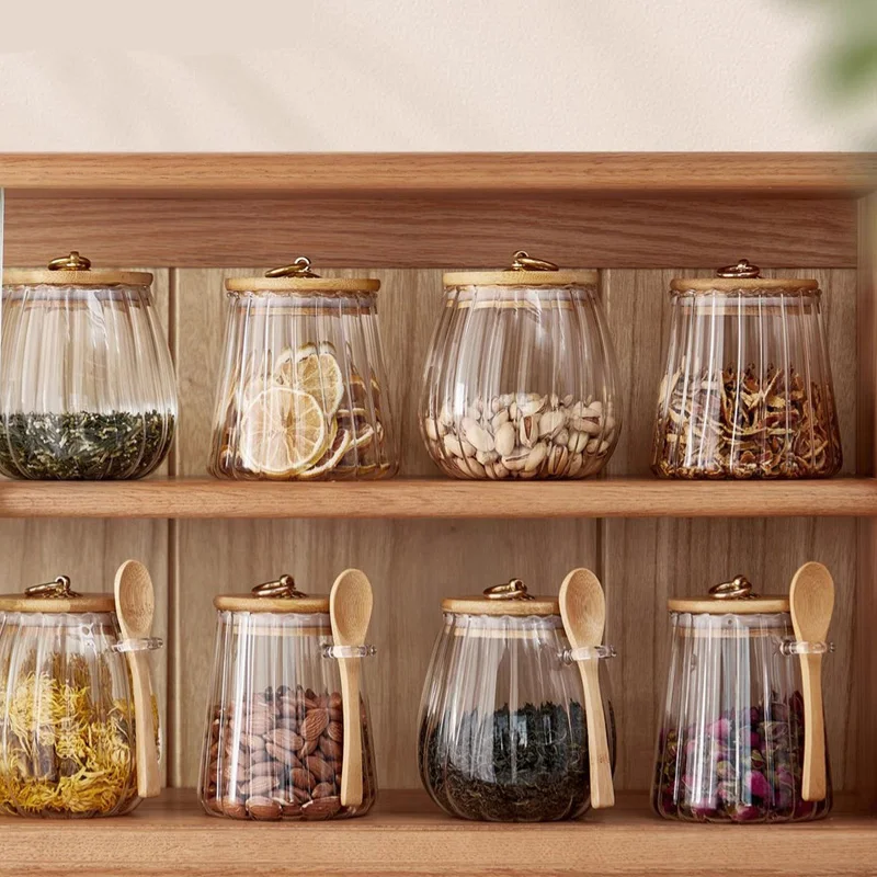 Food Container Kitchen Storage Bottles Glass Airtight Canister Grains Tea Coffee Beans Grains Candy Jars with Wood Lid and Spoon - Image 6