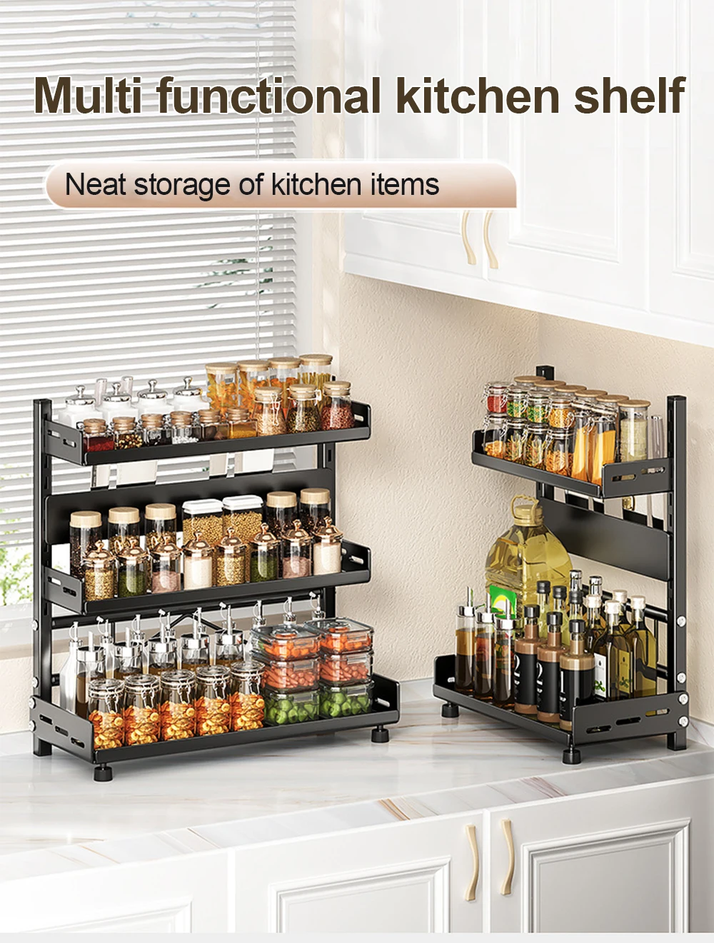 3 Tier Spice Storage Rack for Countertop Adjustable Spice Organization for Cabinet Kitchen Organizer Metal Shelf Black - Image 18