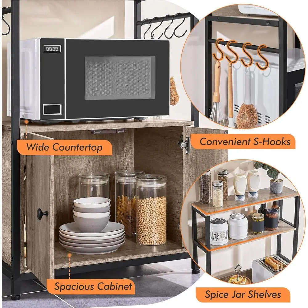 Gray 4-Tier Kitchen Baker's Rack with Storage Cabinet, Microwave Stand, Coffee Bar, and Spice Rack - Image 5