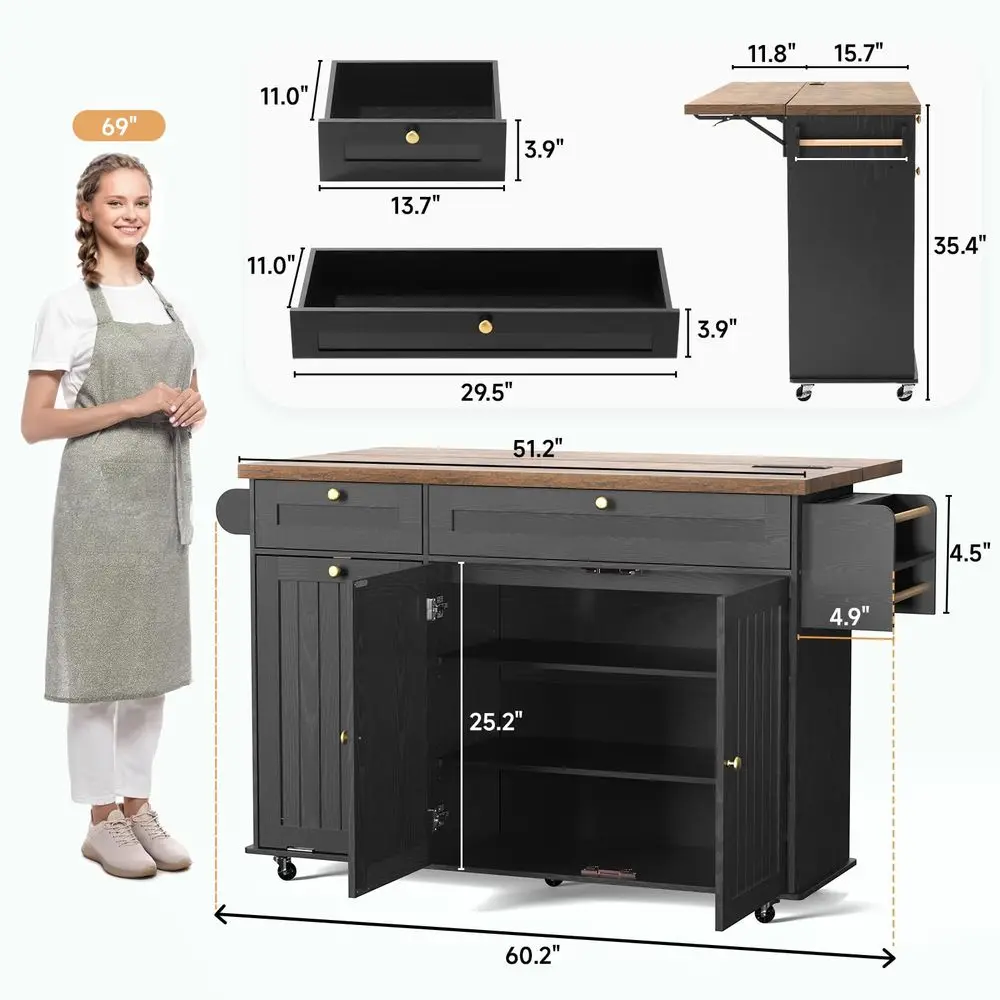 Kitchen Island with Power Outlet amp Drop Leaf, Kitchen Rolling Island with Spice Rack amp Towel Rack, Knife Holder, Kitchen Is - Image 8