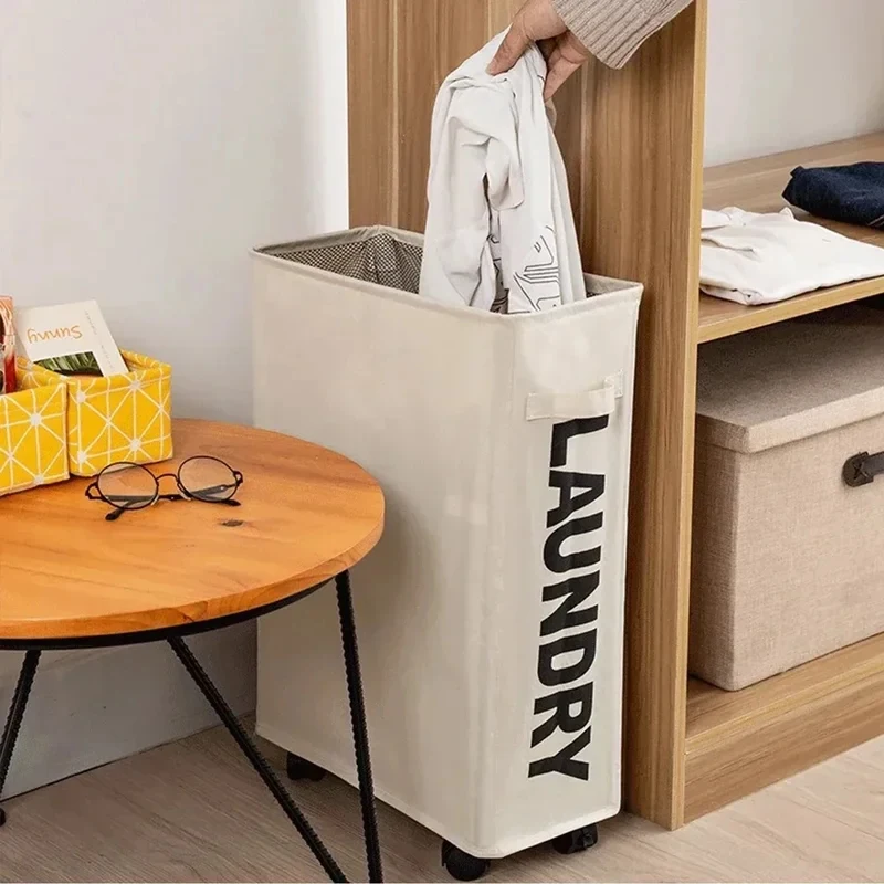 Beige Foldable Laundry Basket with Wheels, Large Waterproof Storage for Dirty Clothes Yoga Mat Home Organization - Image 3