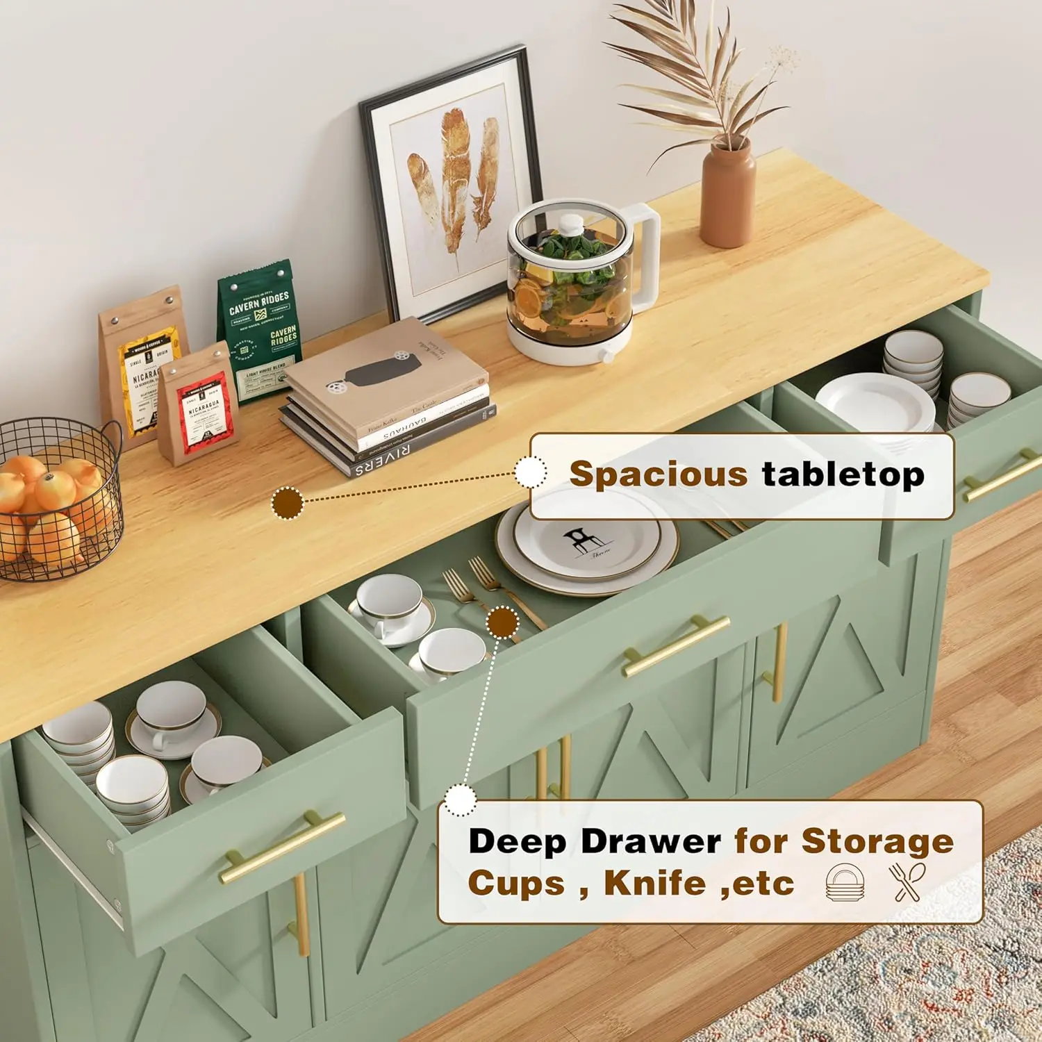 53" Large Buffet Cabinet Storage Sideboard Adjustable Shelves Drawers Kitchen Dining Room Custom - Image 5