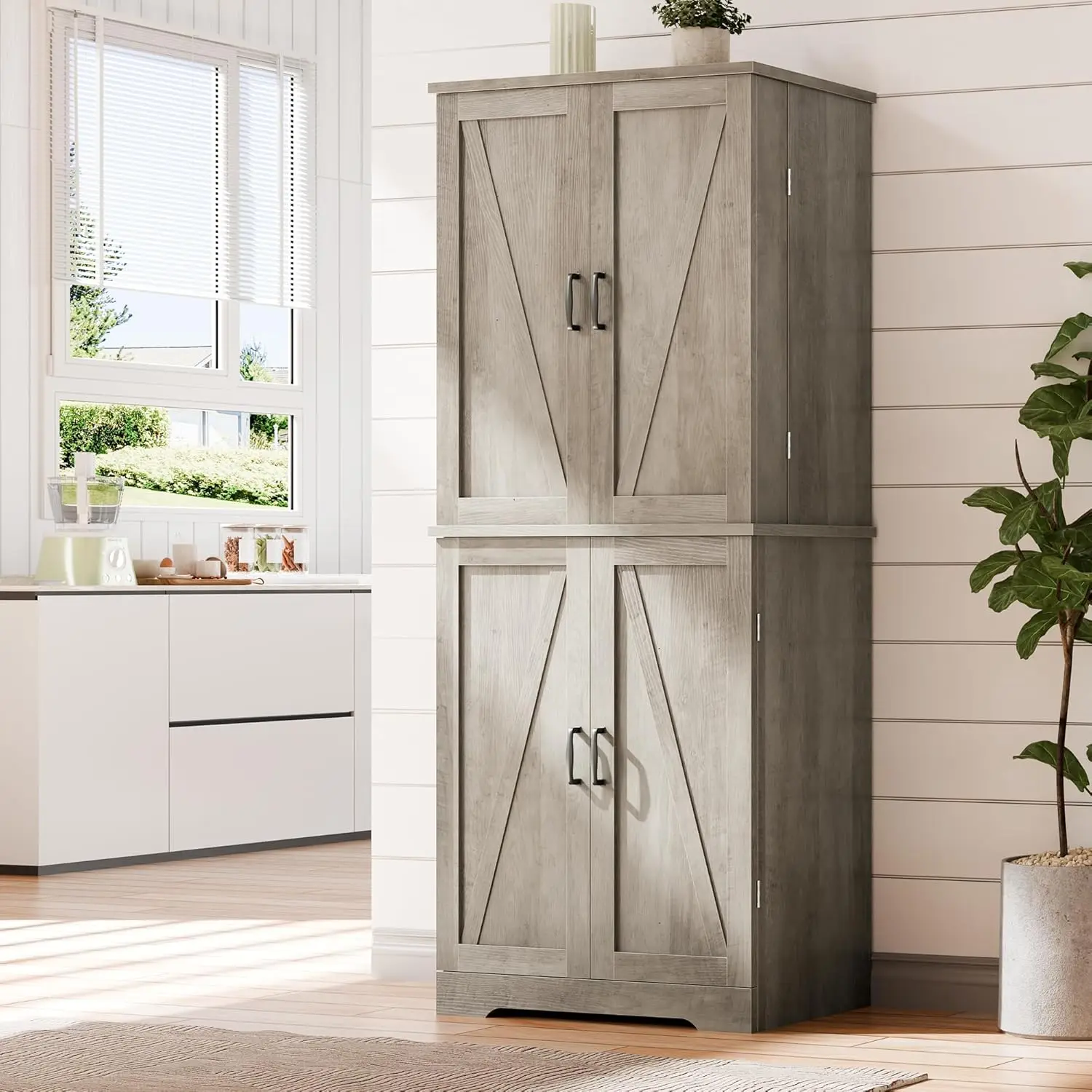 Rustic Pantry Cabinet Barn Door Drawer Adjustable Shelves 6-Tier Wood Cupboard Kitchen Dining Bath, Custom - Image 3