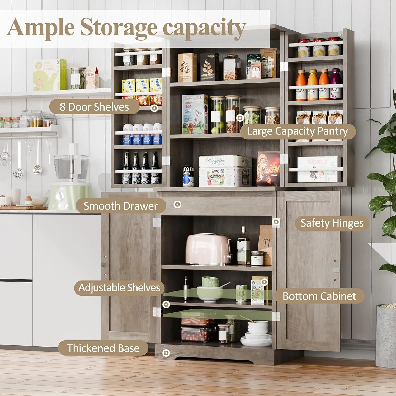 Rustic Pantry Cabinet Barn Door Drawer Adjustable Shelves 6-Tier Wood Cupboard Kitchen Dining Bath, Custom - Image 6