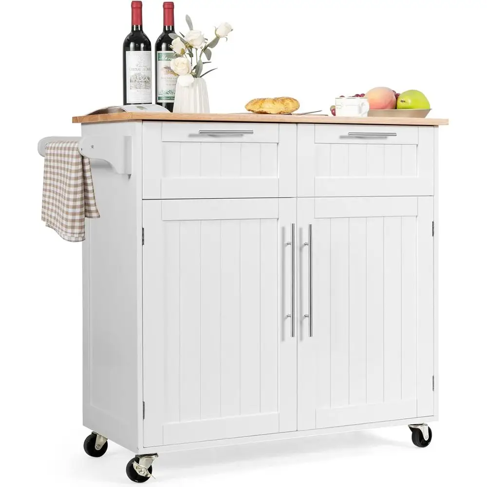 Rolling Kitchen Island with Towel Bar, Double Drawers, 2-Door Cabinet, White - Image 7