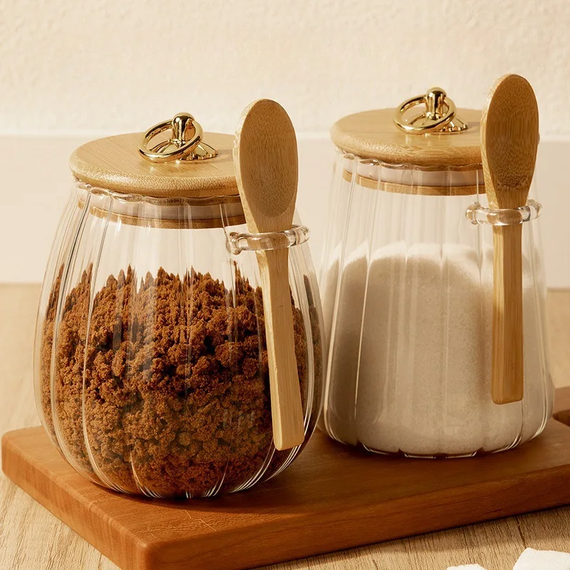 Food Container Kitchen Storage Bottles Glass Airtight Canister Grains Tea Coffee Beans Grains Candy Jars with Wood Lid and Spoon - Image 2