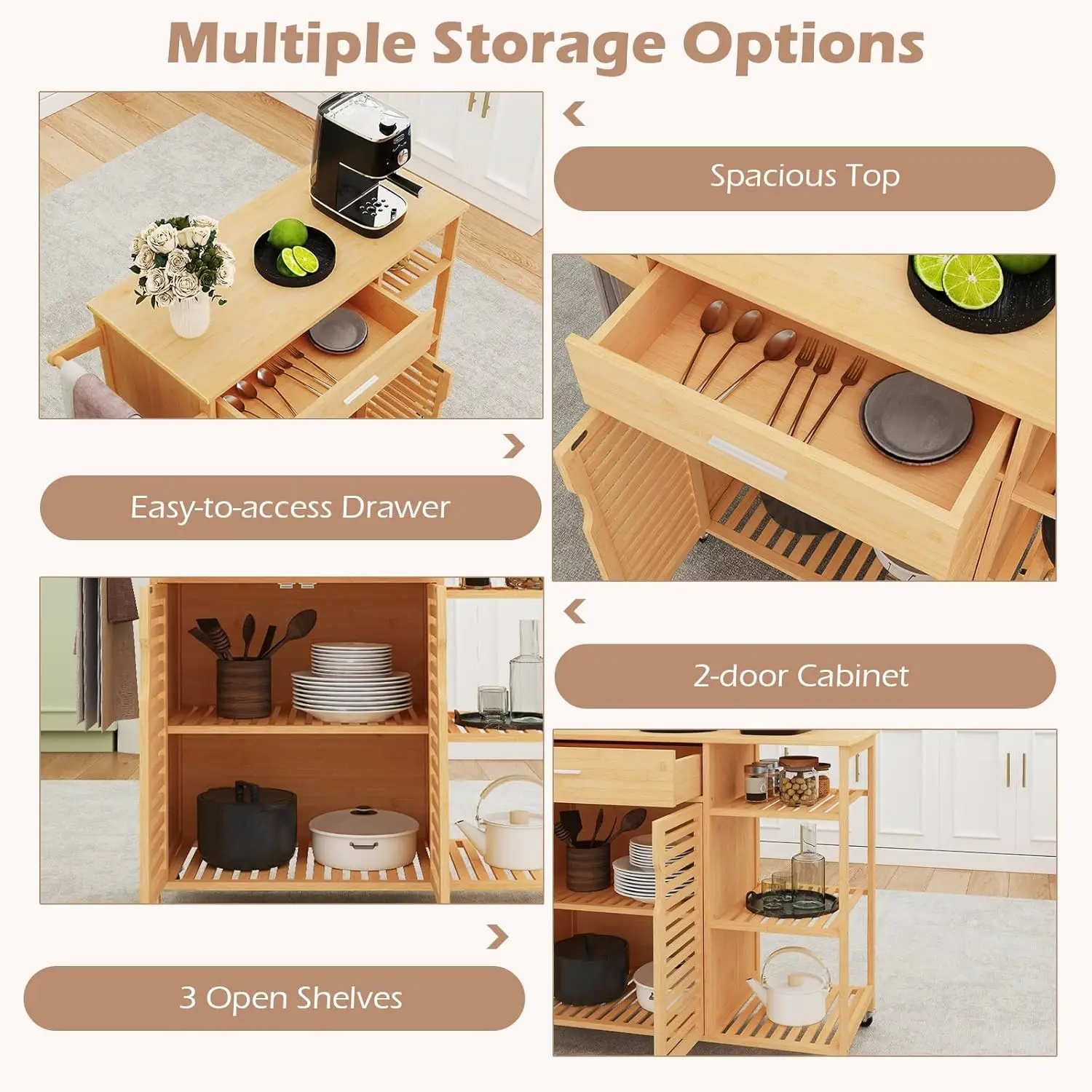 Bamboo Kitchen Island Cart Rolling Butcher Block Drawer Cabinet 3-Tier Shelves Towel Rack Wheels Storage Dining Room, Custom - Image 11