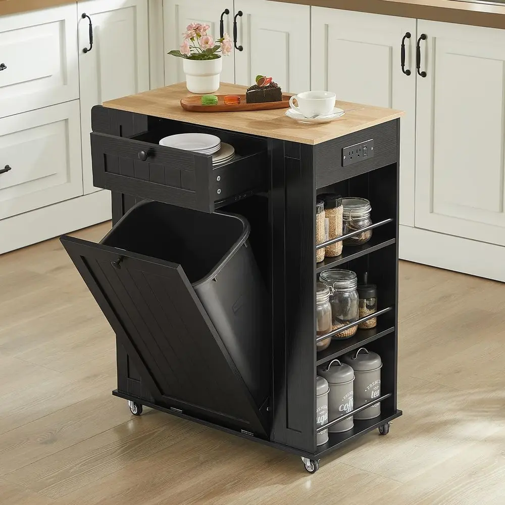 35 Kitchen Island with Trash Can Cabinet amp Power Outlet, Rolling Kitchen Cart with Storage Drawer, 6Tier Spice Rack, Portable - Image 7
