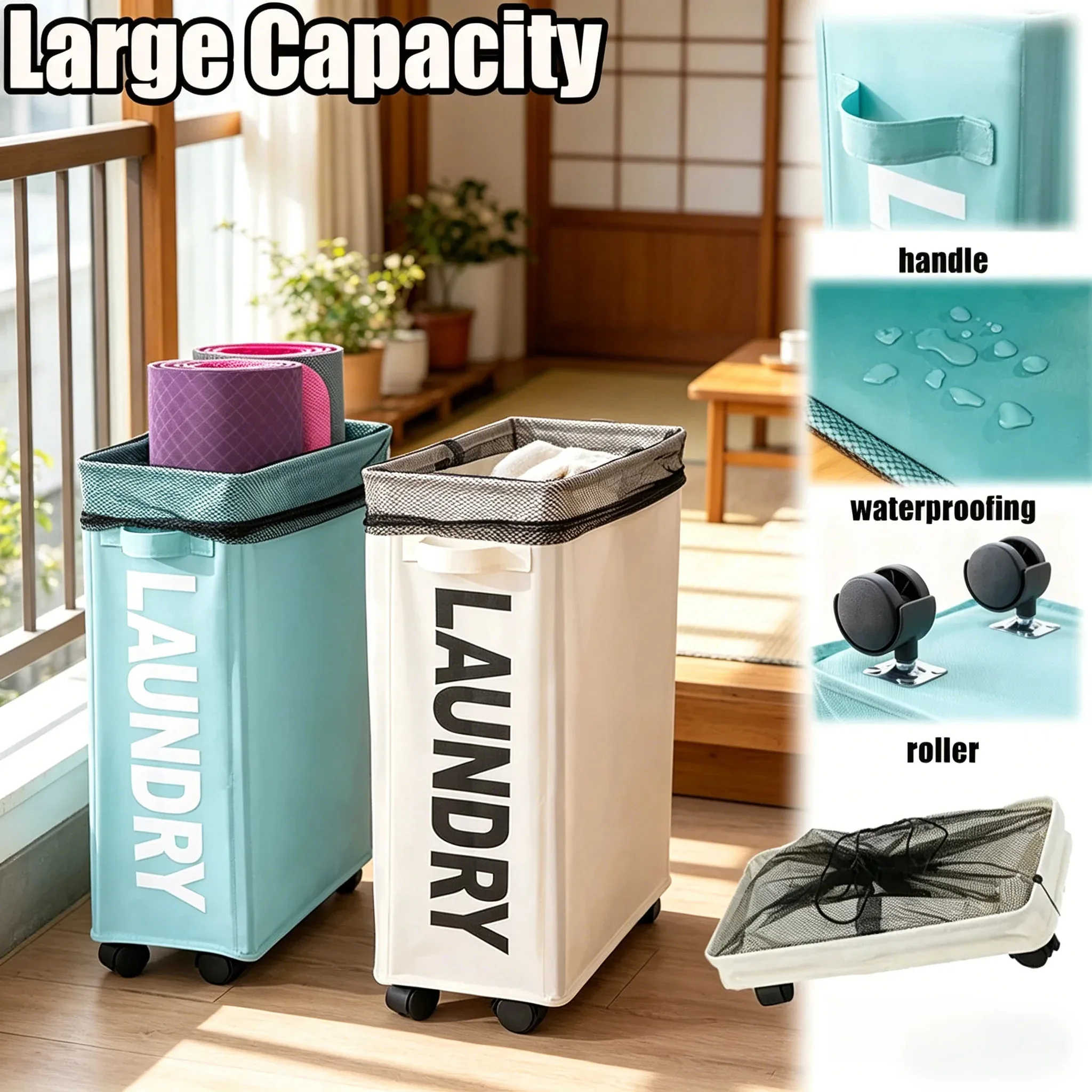 Beige Foldable Laundry Basket with Wheels, Large Waterproof Storage for Dirty Clothes Yoga Mat Home Organization - Image 9