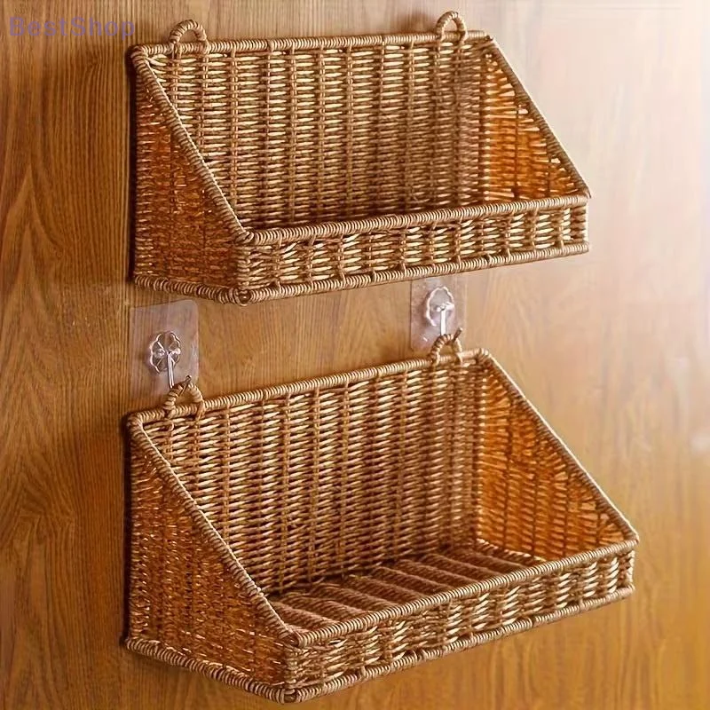 Woven Rattan Wall Storage Baskets | Adhesive Hook Hanging Shelves for Bathroom/Kitchen Organization