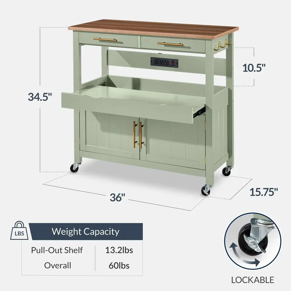 36in Large Rolling Kitchen Island Cart, 2Door Cabinet, 2 Drawers, PullOut Shelf, Power Outlet, Hooks, amp Swivel Lockable Wheel - Image 8
