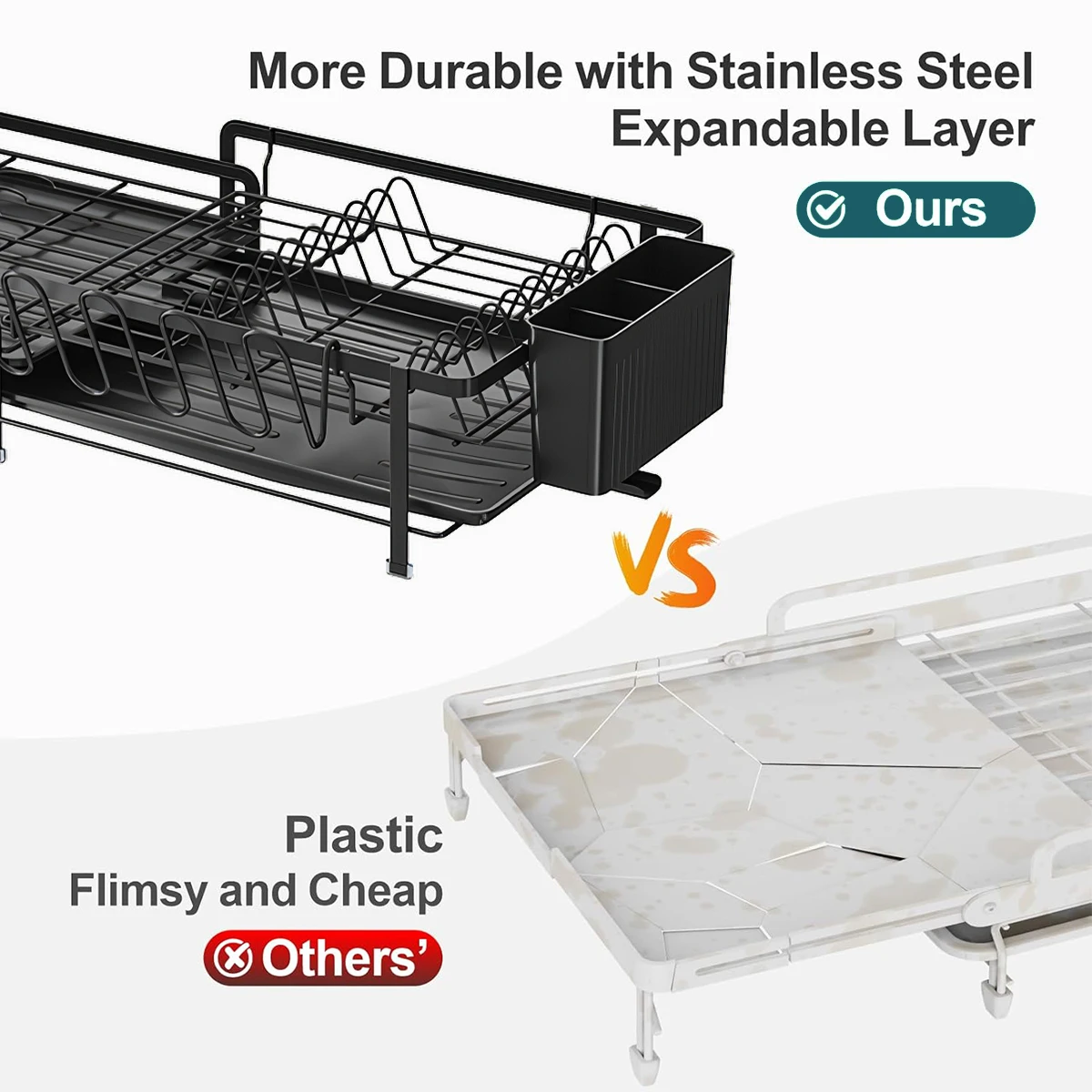 Adjustable Telescopic Dish Rack, Sink Side Dish Drying Organizer, Countertop Dish Organizer With Cup Holder, Utensil Holder - Image 9