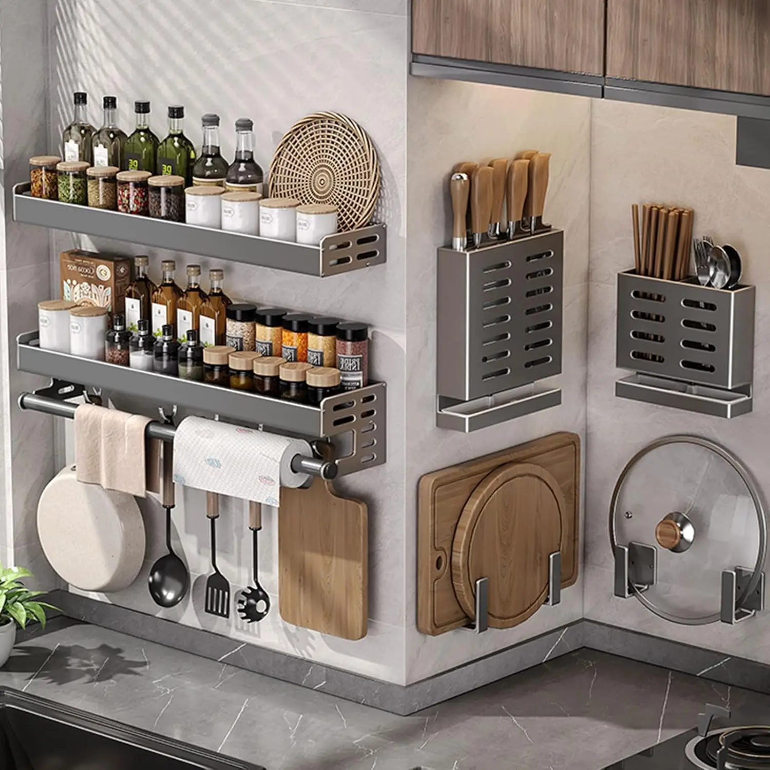 Wall Mount Utensil Holder Multifunctional Spice Organizer Shelf with Hooks Kitchen Hanging Storage Wall Shelf - Image 6