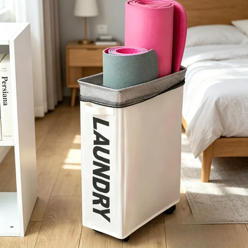Beige Foldable Laundry Basket with Wheels, Large Waterproof Storage for Dirty Clothes Yoga Mat Home Organization