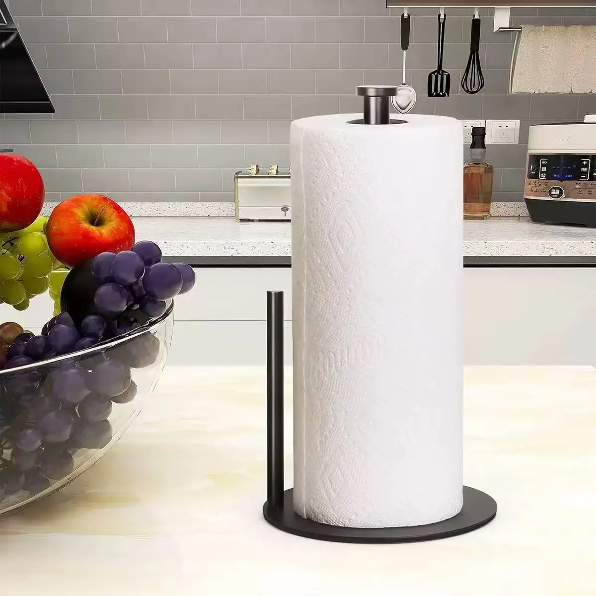 Paper Towel Holder Black, Premium Stainless Steel Kitchen Roll Dispenser, Countertop Roll Organizer with Weighted Base