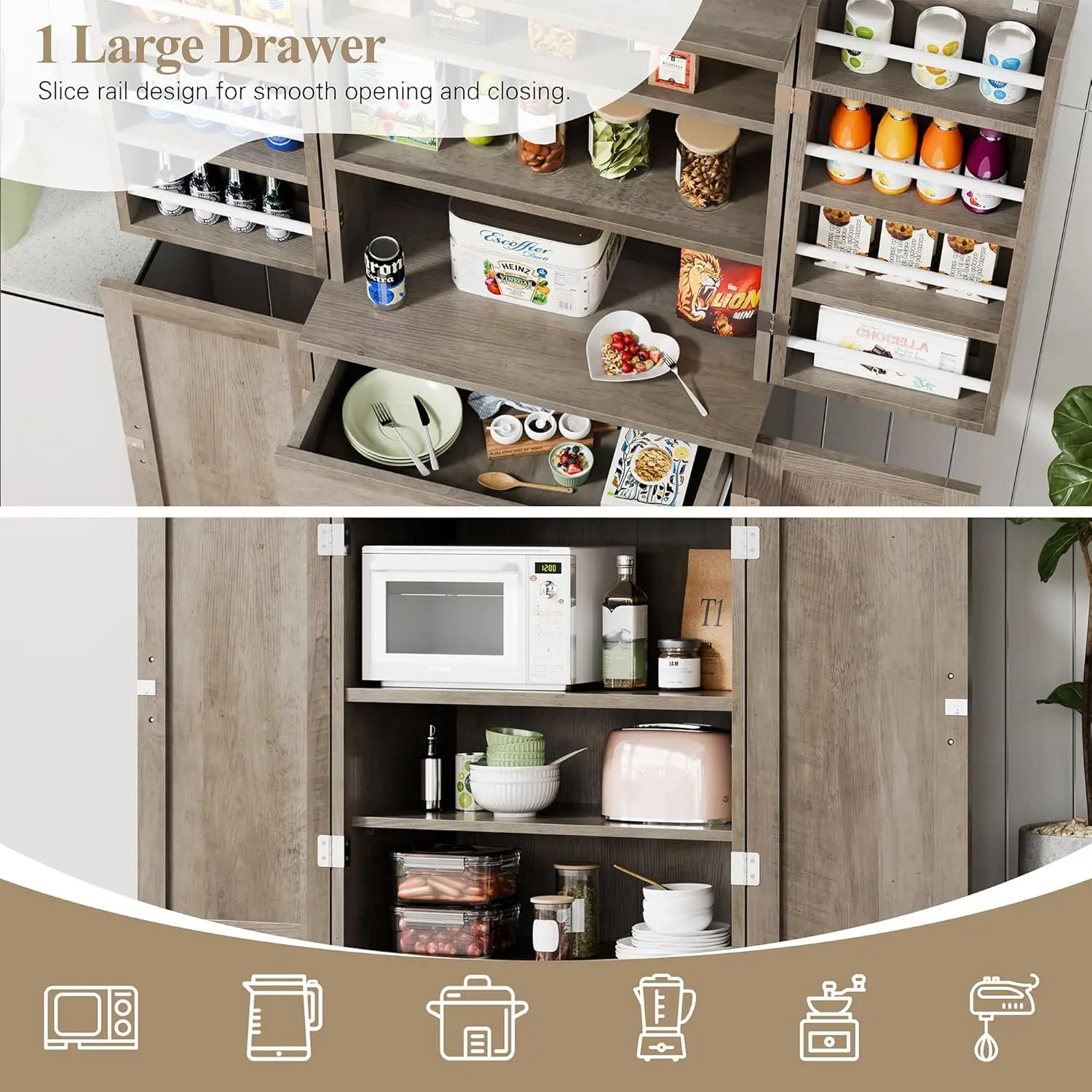 Rustic Pantry Cabinet Barn Door Drawer Adjustable Shelves 6-Tier Wood Cupboard Kitchen Dining Bath, Custom - Image 12