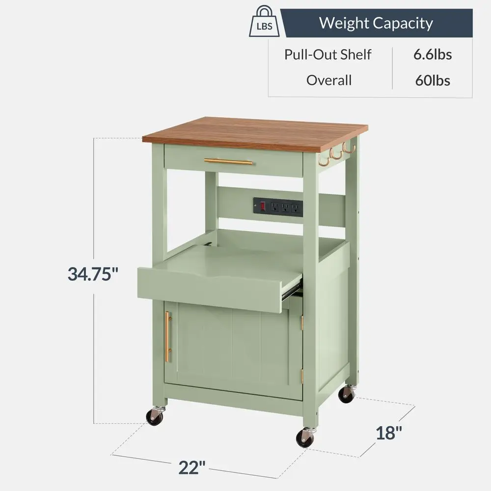 Rolling Kitchen Island Cart, Single Door Cabinet W Drawer, Sliding Tray, Outlet, Swivel Lockable Wheels, Hooks, Coffee Cart, Mi - Image 2
