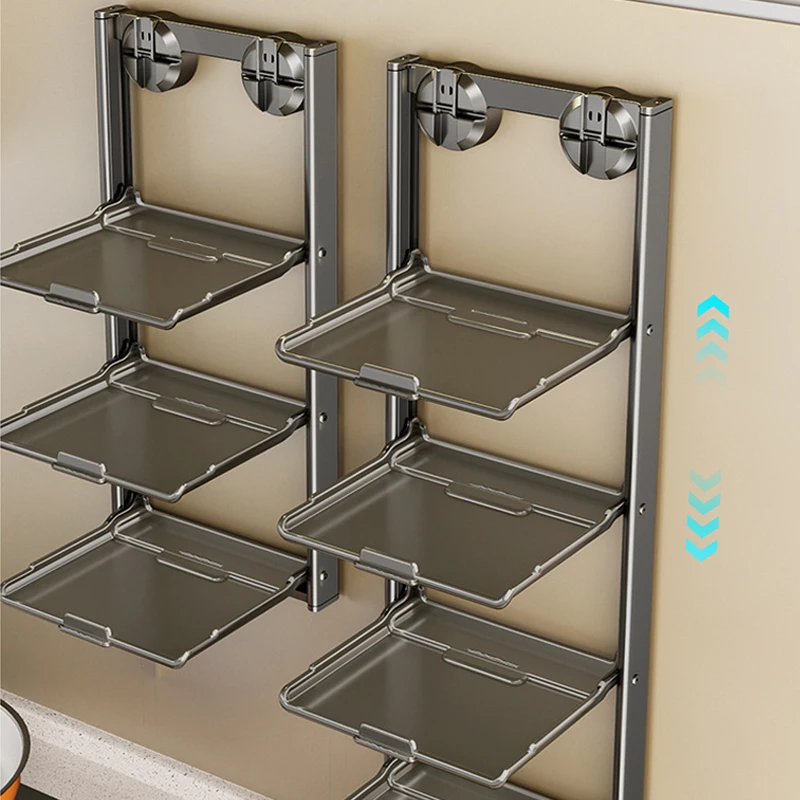 Foldable Multi-Layer Kitchen Storage Rack - Wall-Mounted Prep Organization Holder with Suction Cup No Drilling for Utensils & Di