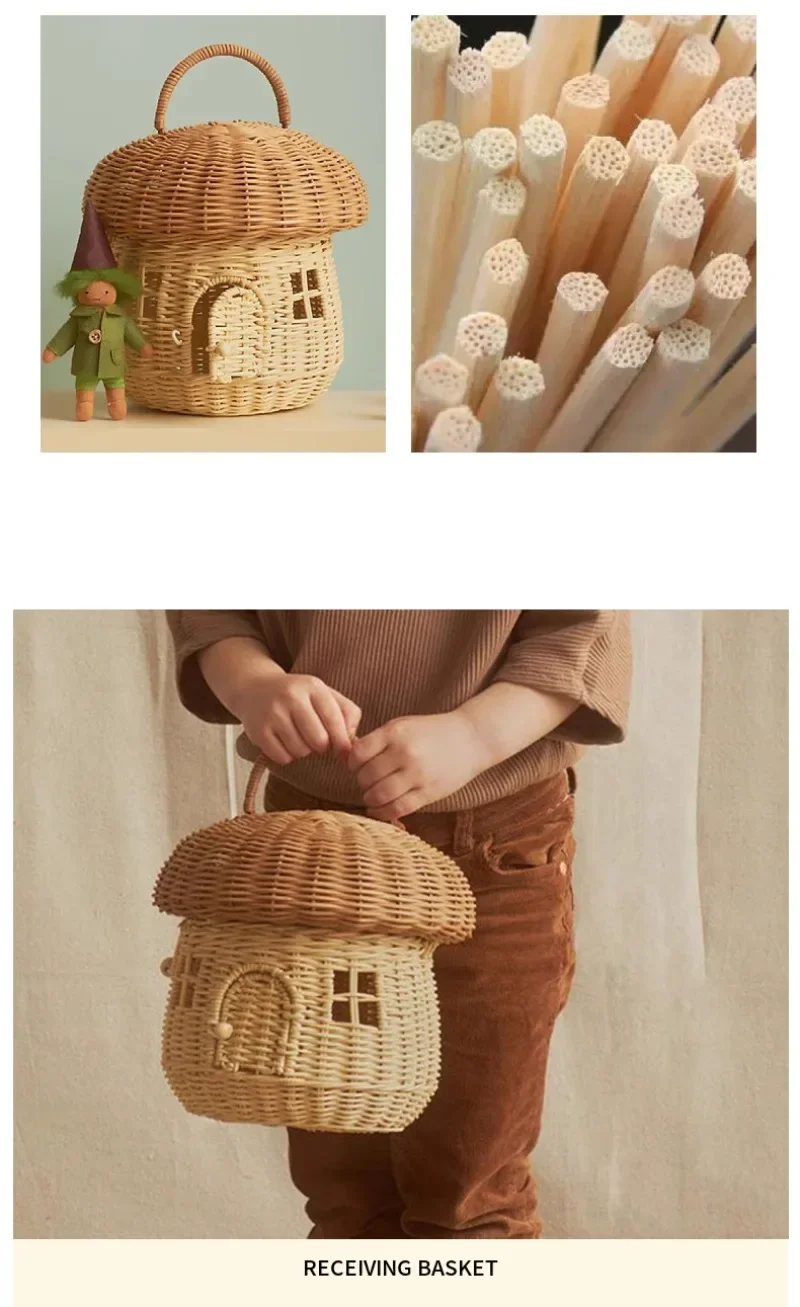 Rattan Mushroom Storage Basket Cute Cartoon Handwoven Nut Wicker Handbag Outdoor Picnic Women Tote Straw Bag Children Organizer - Image 14