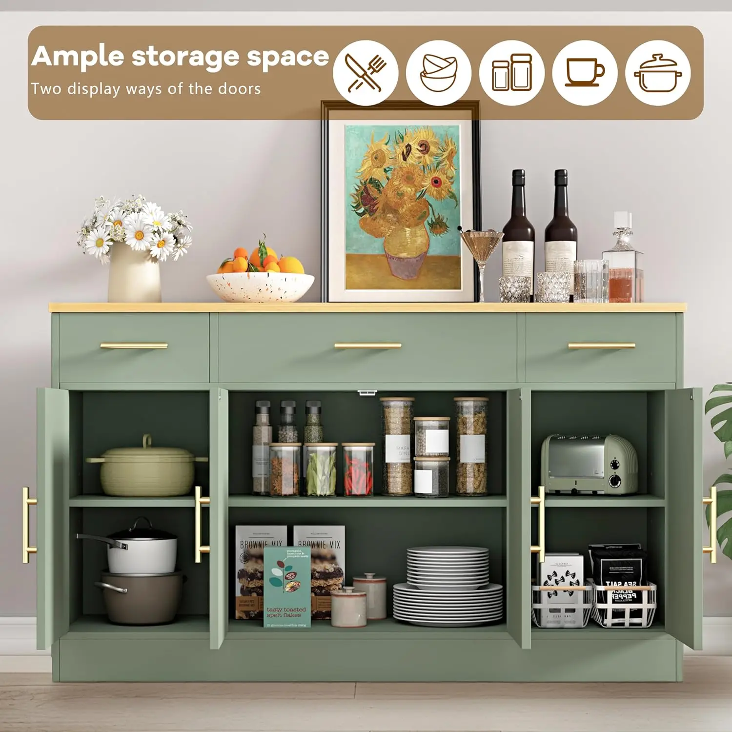 53" Large Buffet Cabinet Storage Sideboard Adjustable Shelves Drawers Kitchen Dining Room Custom - Image 13