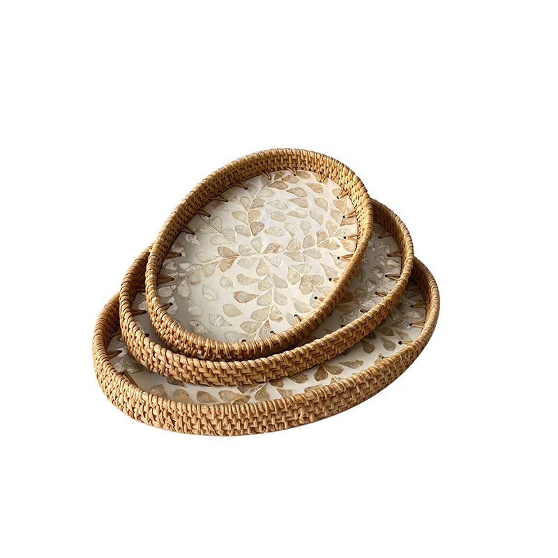 Handwoven Rattan Oval Tray with Shell Mosaic Inlay, Decorative Serving Tray for Coffee, Tea, Snacks, Bathroom Vanity Organizer - Image 5