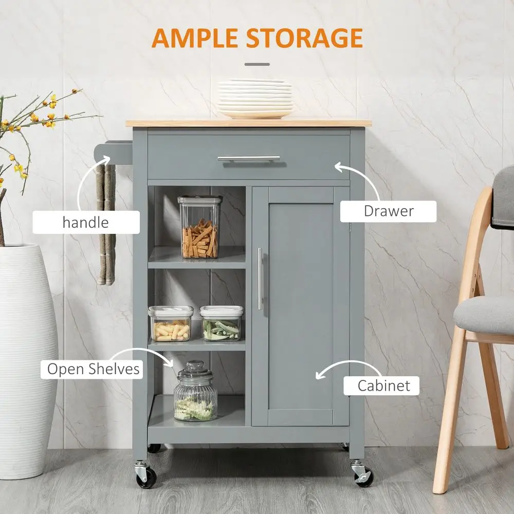 Kitchen Island Cart, Rolling Kitchen Island with Storage Shelf, Solid Wood Top, Drawer, for Dining Room, Gray - Image 3
