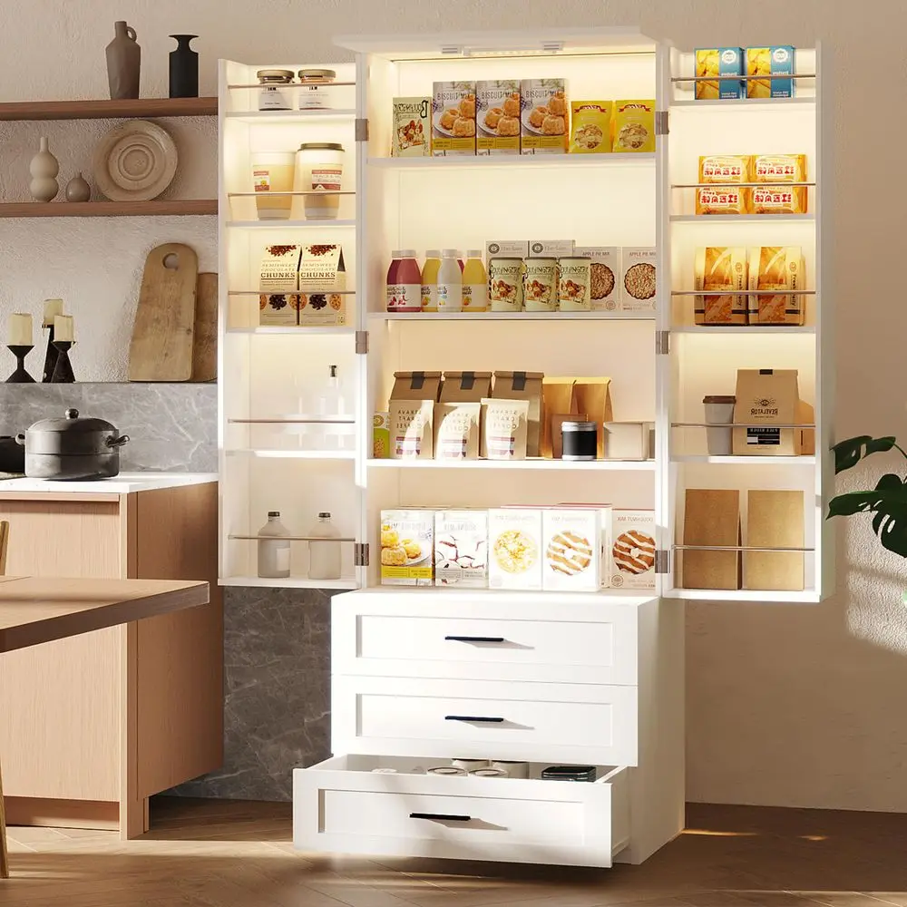 72 LED Kitchen Pantry Cabinet with 3 Drawers Farmhouse Tall Storage Cabinet Wood Food Pantry with Barn Doors and Adjustable -HOT - Image 6
