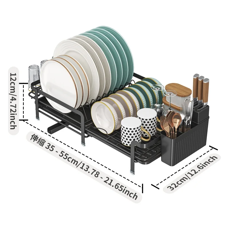 Expandable dish storage rack automatic draining rotatable drain rack adjustable counter organizer kitchen storage rack - Image 5