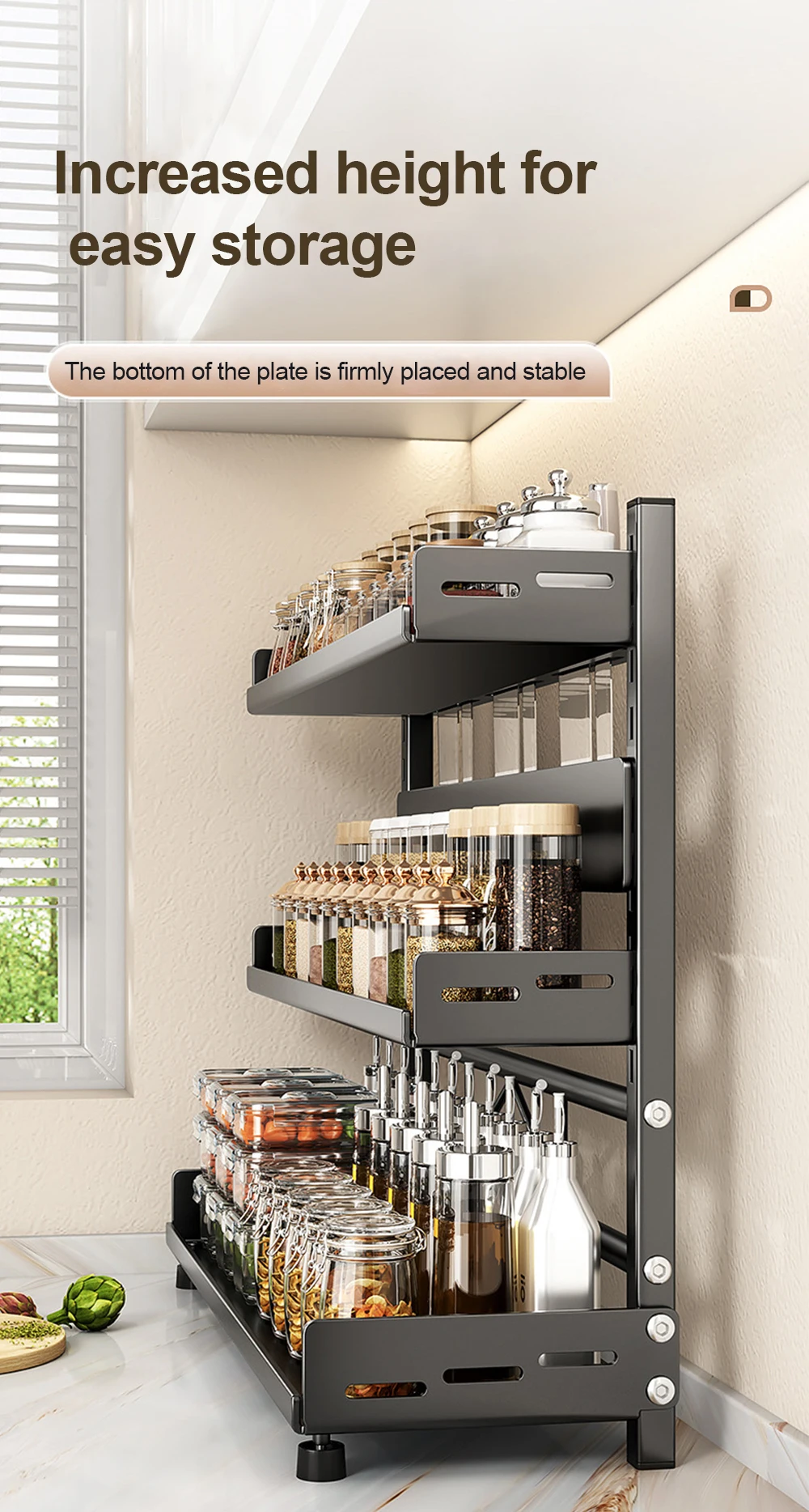 3 Tier Spice Storage Rack for Countertop Adjustable Spice Organization for Cabinet Kitchen Organizer Metal Shelf Black - Image 26