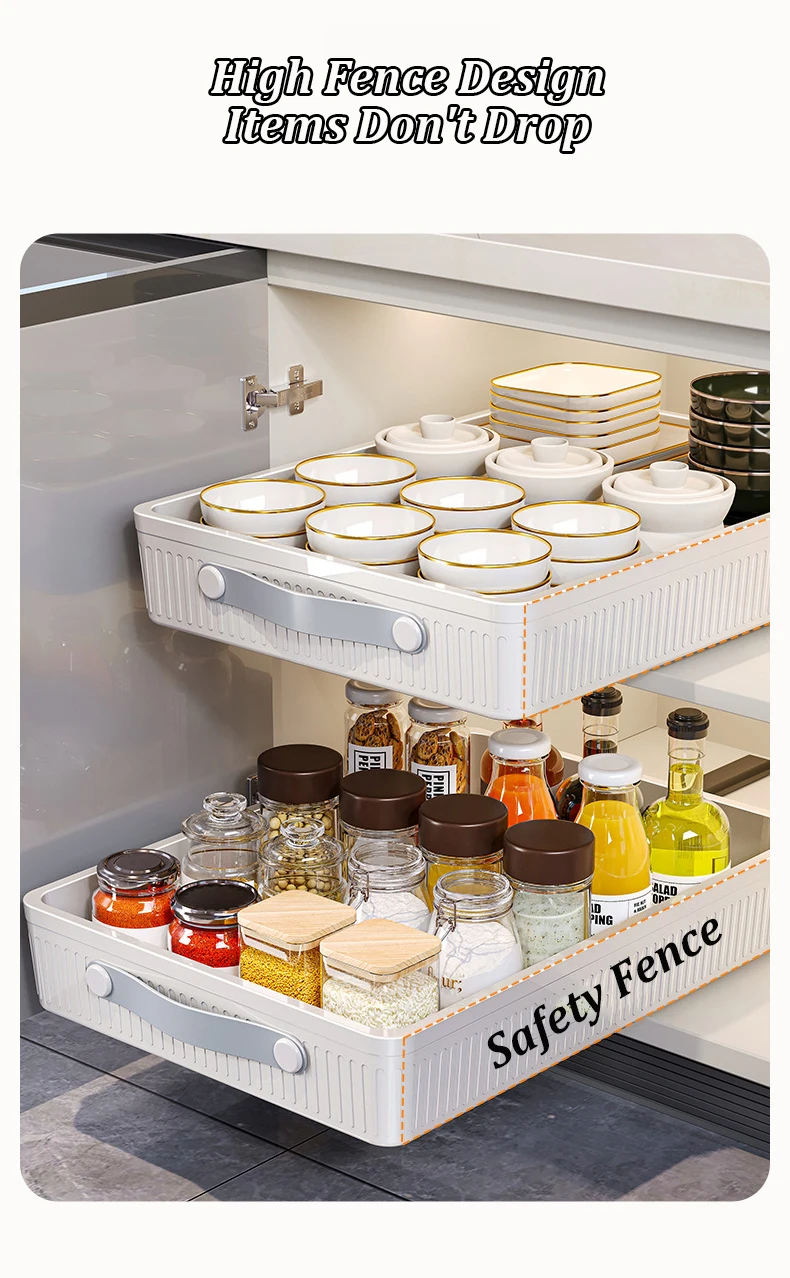 Kitchen Sliding Drawer with Slide Rail Cabinet Clothes Spice Dish Bowl Storage Rack Pull Out Cabinet Organizer Tray With Handle - Image 17