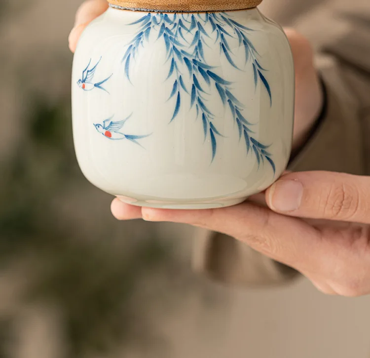 Warm Warbler, New Willow Grass Wood Grey Tea Sealed Ceramic Can High End Portable Small Moisture Proof Mini Storage Can - Image 9