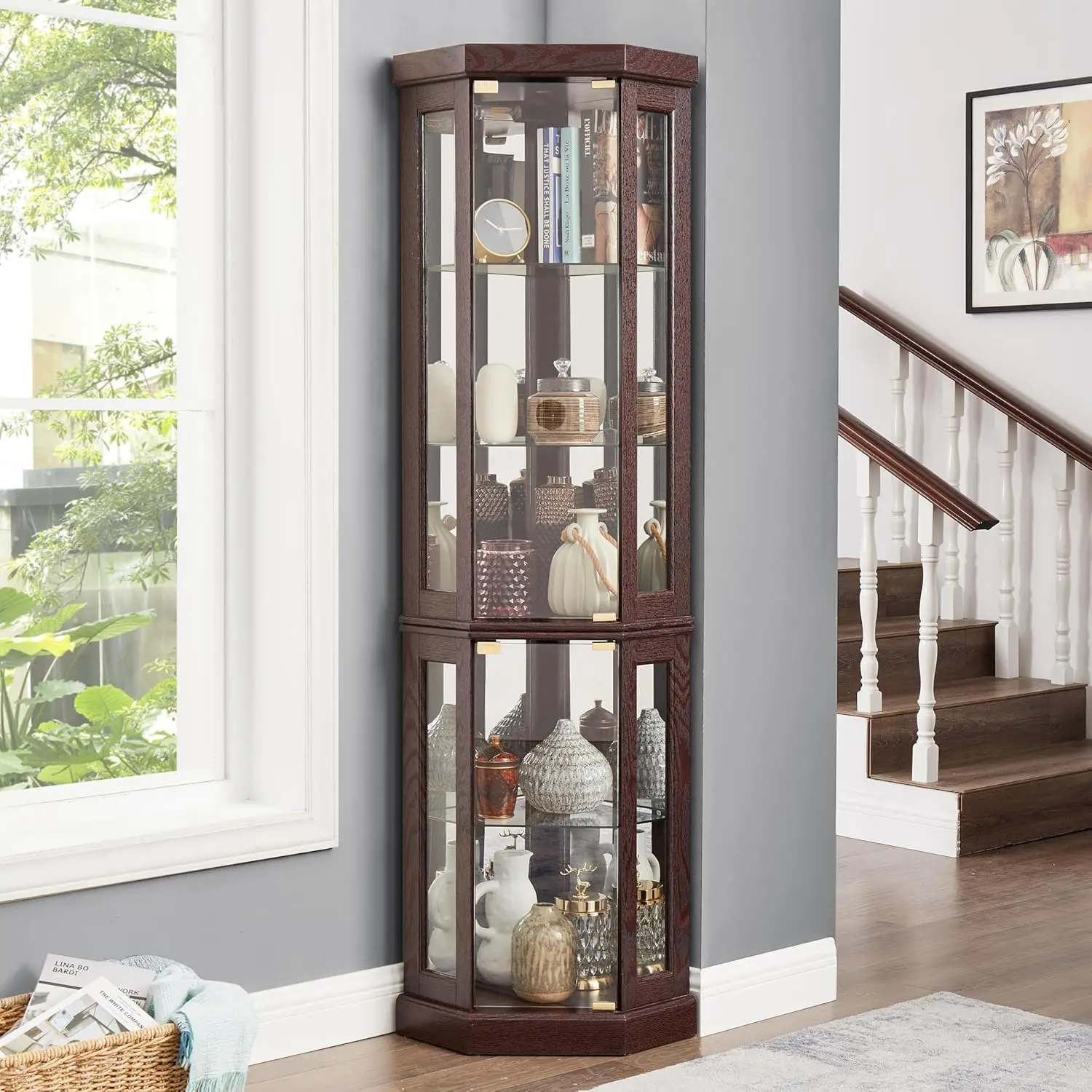69" H Lighted Corner Curio Cabinet, 5-Tier Curio Glass Display Cabinet with Door & Adjustable Glass Shelves, Wooden, Customized - Image 17