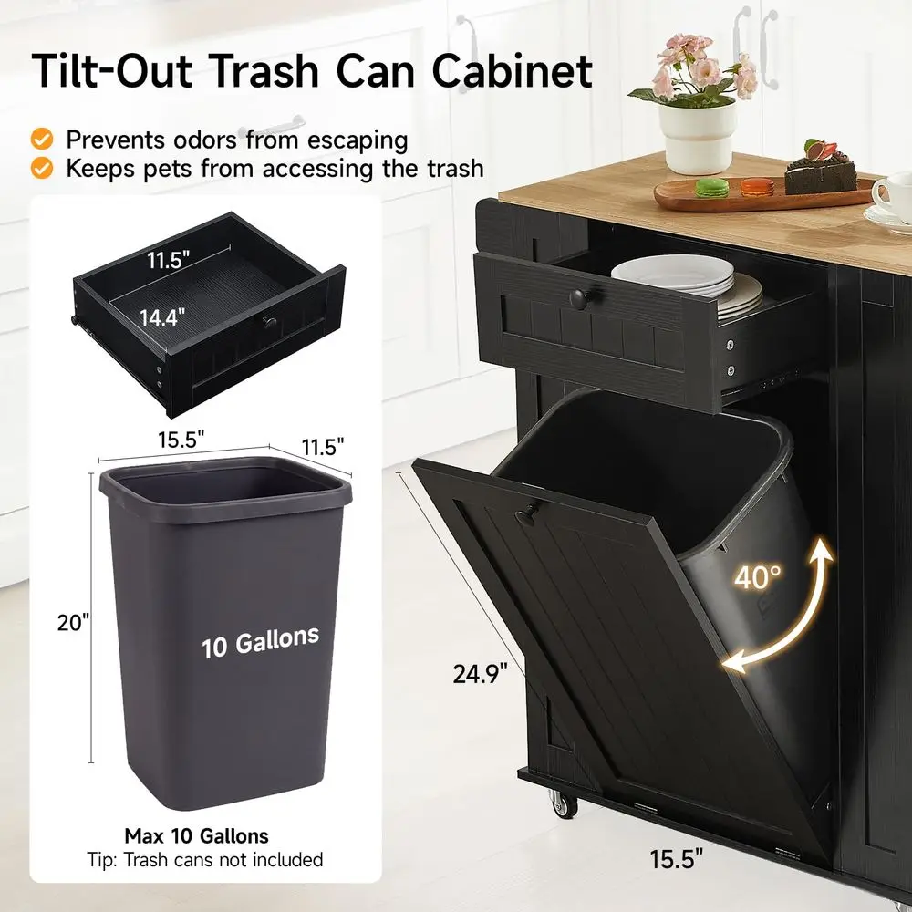 35 Kitchen Island with Trash Can Cabinet amp Power Outlet, Rolling Kitchen Cart with Storage Drawer, 6Tier Spice Rack, Portable - Image 3