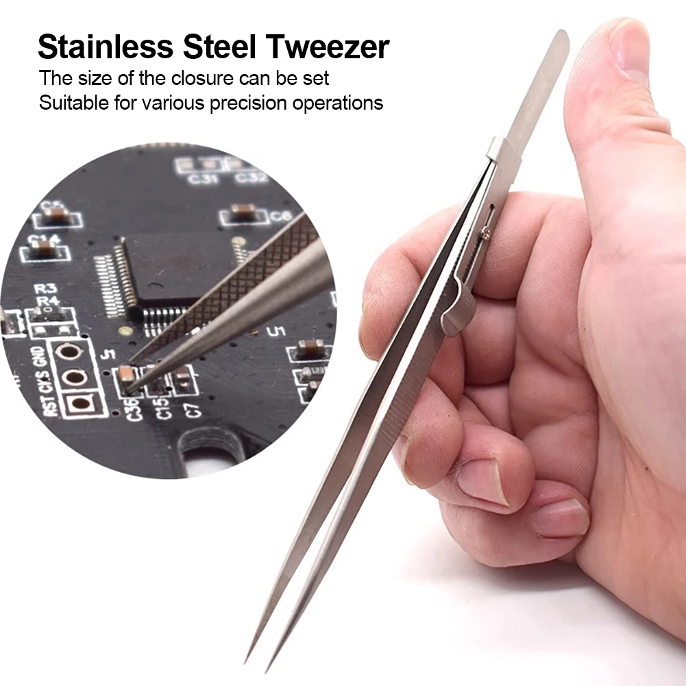 Adjustable Self Clamping Tweezers Jewelry Making Tool Slide Lock Stainless Steel Tweezers Electronic Component Repair Tools - Image 9
