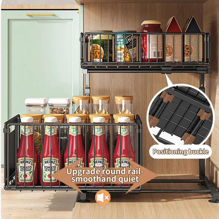 Pull-Out Under Sink Organizer, 2-Tier Adjustable Height Sliding Shelf for Kitchen/Bathroom Cabinet Storage, Black & White - Image 2